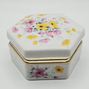 VINTAGE Action Porcelain Floral Hexagonal Hinged Trinket Jewelry Box Made Japan
